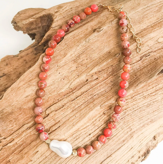 Kamryn LUXE Gemstone Baroque Shell Necklace in Orange Sea