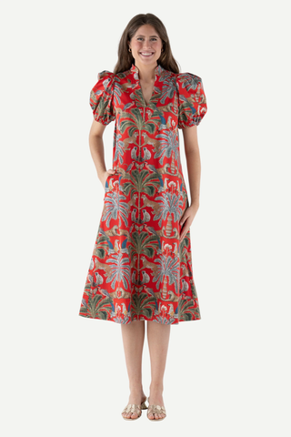 Palm Tree Print Red Puff Sleeve Midi Dress
