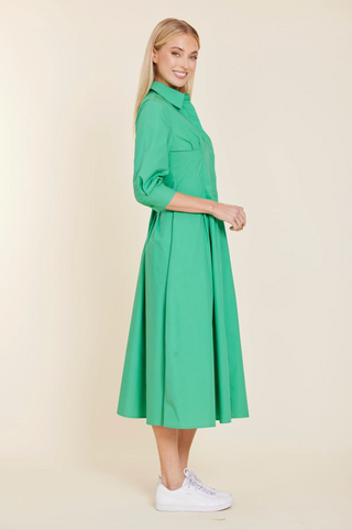 Poplin 3/4 Sleeve Maxi Dress in Green