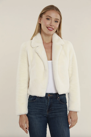 Plush Faux Fur Notch Collar Jacket in Ivory