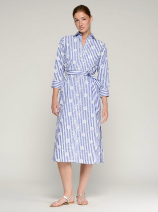 blue striped maxi dress with floral embroidery