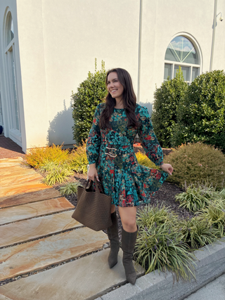 Floral Pleated Mini Dress with Gold Belt