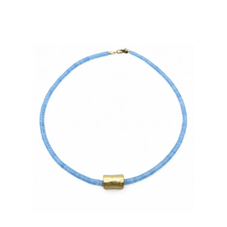 light blue short necklace with gold barrel
