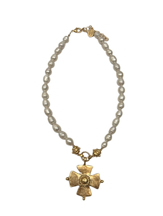Gold Maltese Cross Pearl Necklace