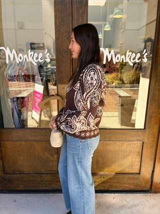 Long Sleeve Patterned Sweater in Brown