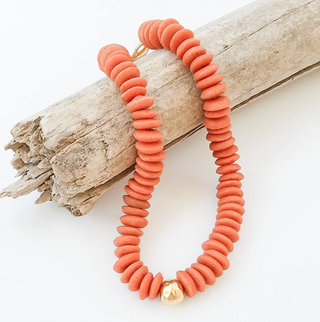 Heishi Necklace with Hammered Ball in Orange