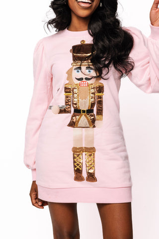 Nutcracker Serving Cocktail Sweatshirt Dress in Light Pink/Brown