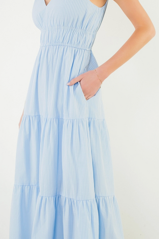 Tie Strap Striped Tiered Maxi Dress in Blue