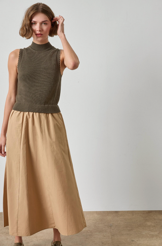 Mixed Media Mock Neck Dress in Olive
