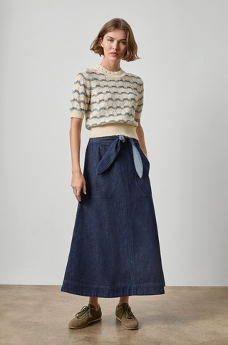 Belted Pocket Front Skirt in Dark Wash Blue