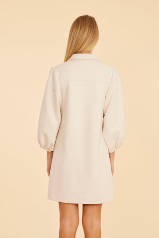 Faux Suede Puff Sleeve Shirt Dress in Creme