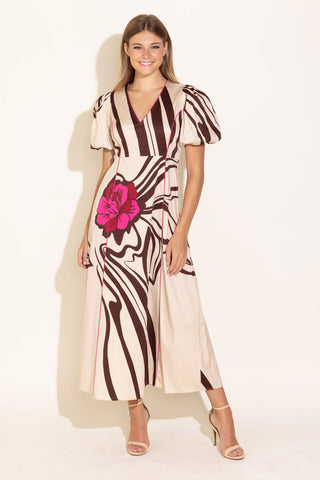 Silk maxi dress with brown print