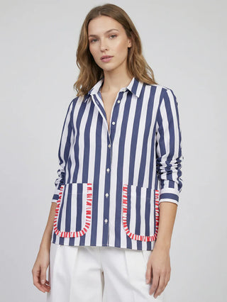navy striped button down shirt with oversized pockets