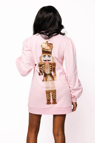 Nutcracker Serving Cocktail Sweatshirt Dress in Light Pink/Brown