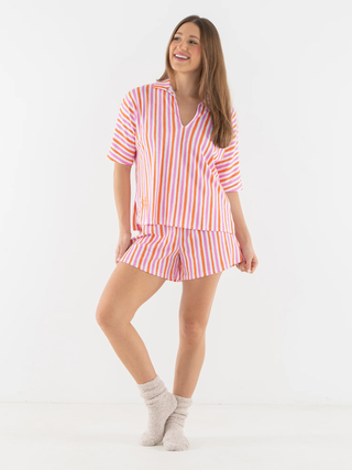 Pajama Short Set in Coral Pink Stripe