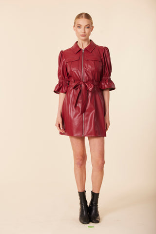 Vegan Leather Belted Dress in Deep Red