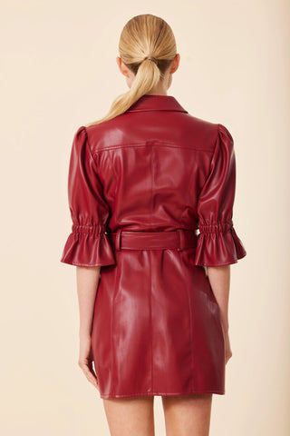 Vegan Leather Belted Dress in Deep Red