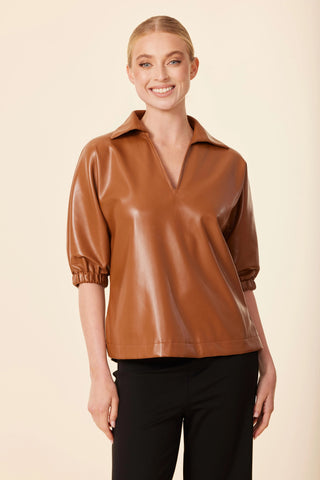 V-Neck Short Sleeve Top in Saddle