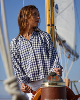 Long Sleeve Shirred Raglan Shirt in Navy Gingham 