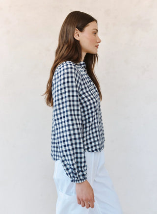 Long Sleeve Shirred Raglan Shirt in Navy Gingham