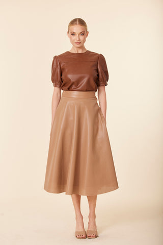 Vegan Leather Perforated Skirt in Camel
