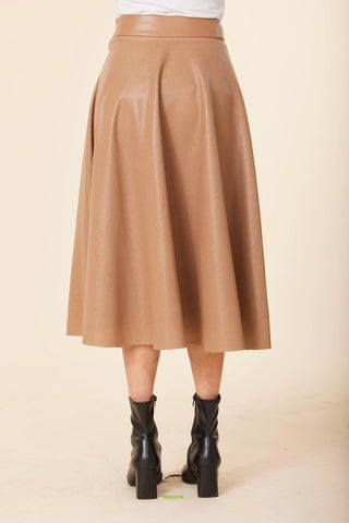 Vegan Leather Perforated Skirt in Camel