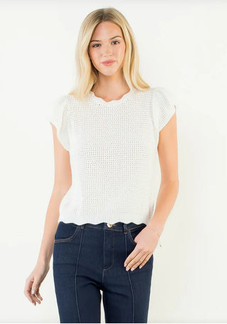 Scallop Detail Knit Top in White